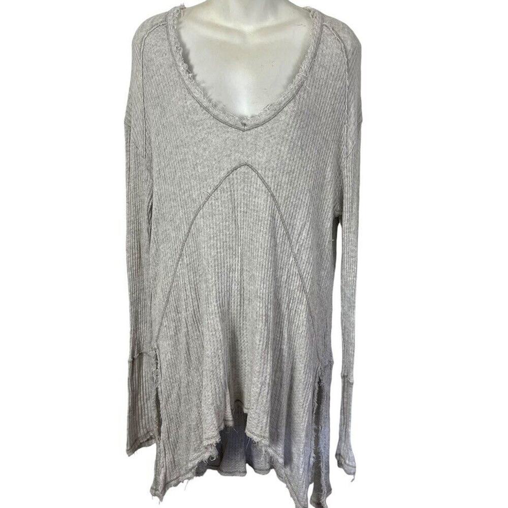Free People Womens Waffle Knit Longline Knit V-Neck Long Sleeve Top Shirt sz M